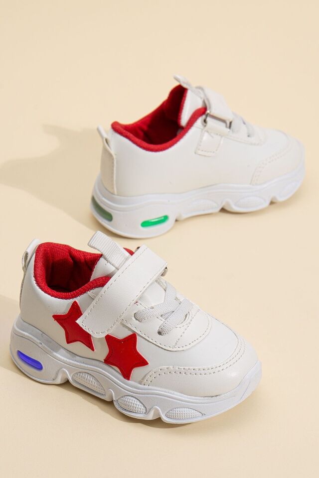 Rahat Hafif Yumuşak Unisex Cırt Cırtlı Işıklı Çocuk Sneaker -Spor Ayakkabı BEYAZ-KIRMIZI - 24