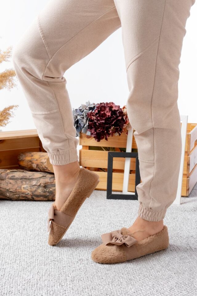 Kadın Kışlık Kurdele Tokalı Peluş Yünlü Tüylü Çeyiz Bohça Pofuduk Ev içi Dış Mekan Babet TABA - 36