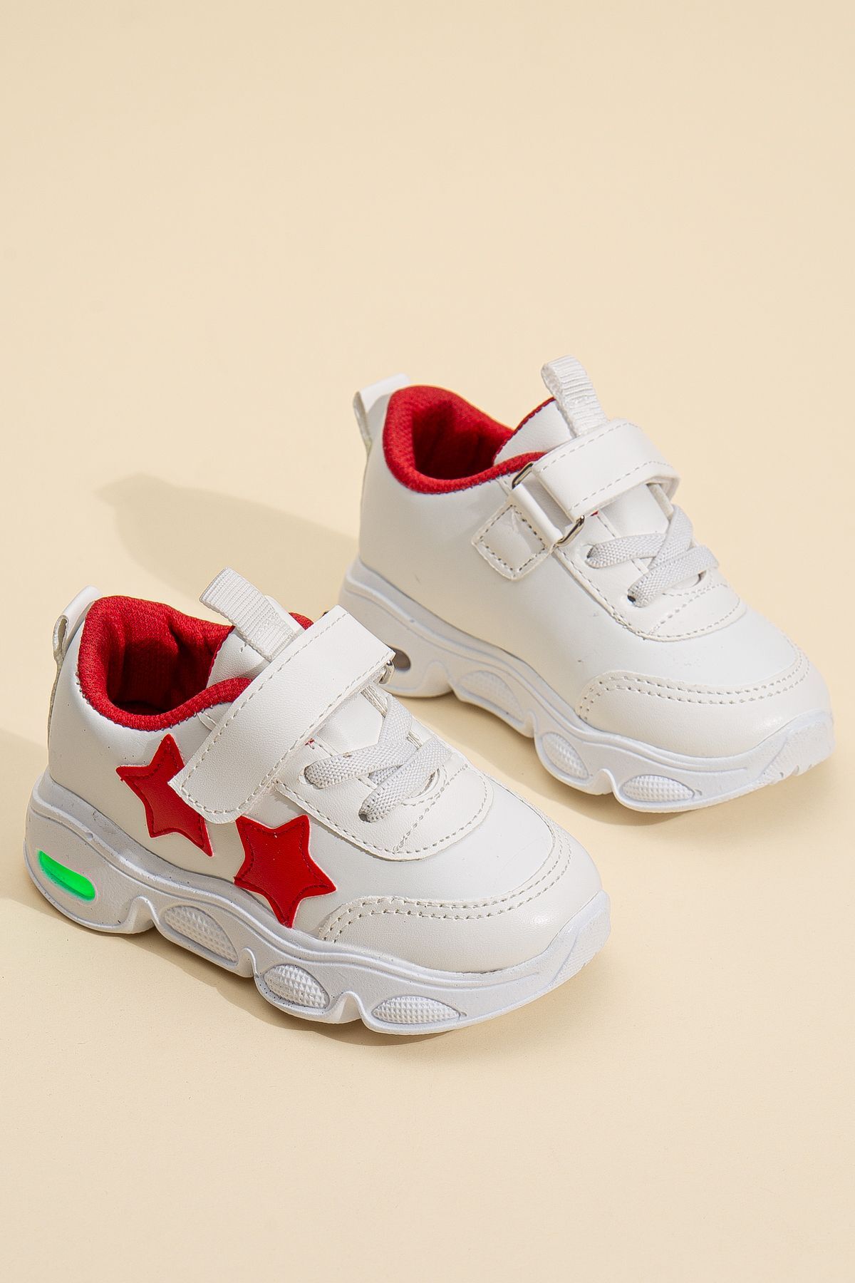 Rahat Hafif Yumuşak Unisex Cırt Cırtlı Işıklı Çocuk Sneaker -Spor Ayakkabı BEYAZ-KIRMIZI - 24