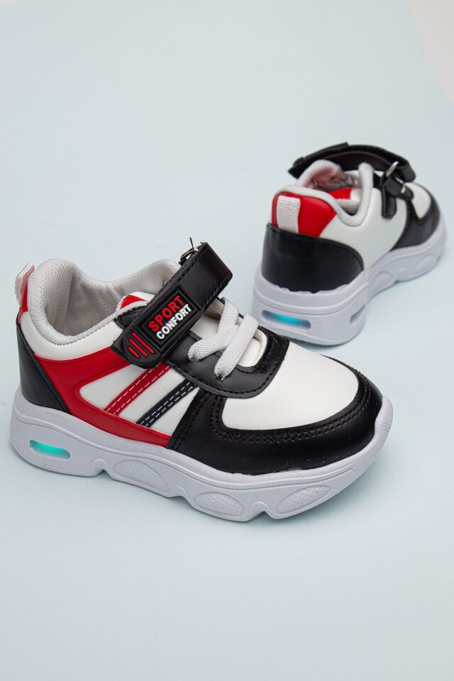 Rahat Hafif Yumuşak Unisex Cırt Cırtlı Işıklı Çocuk Sneaker BEYAZ-SİYAH - 25