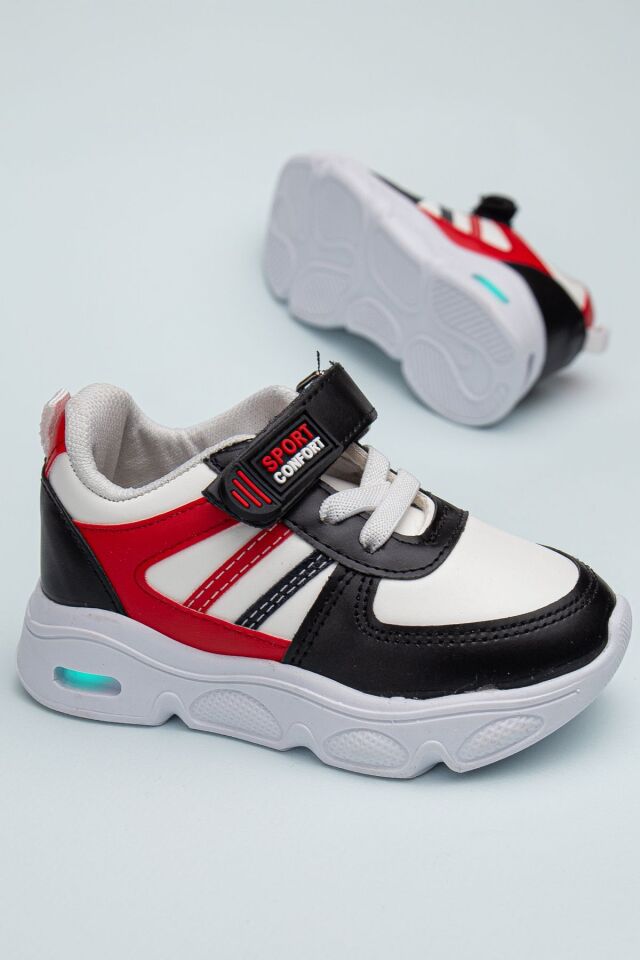 Rahat Hafif Yumuşak Unisex Cırt Cırtlı Işıklı Çocuk Sneaker BEYAZ-SİYAH - 25