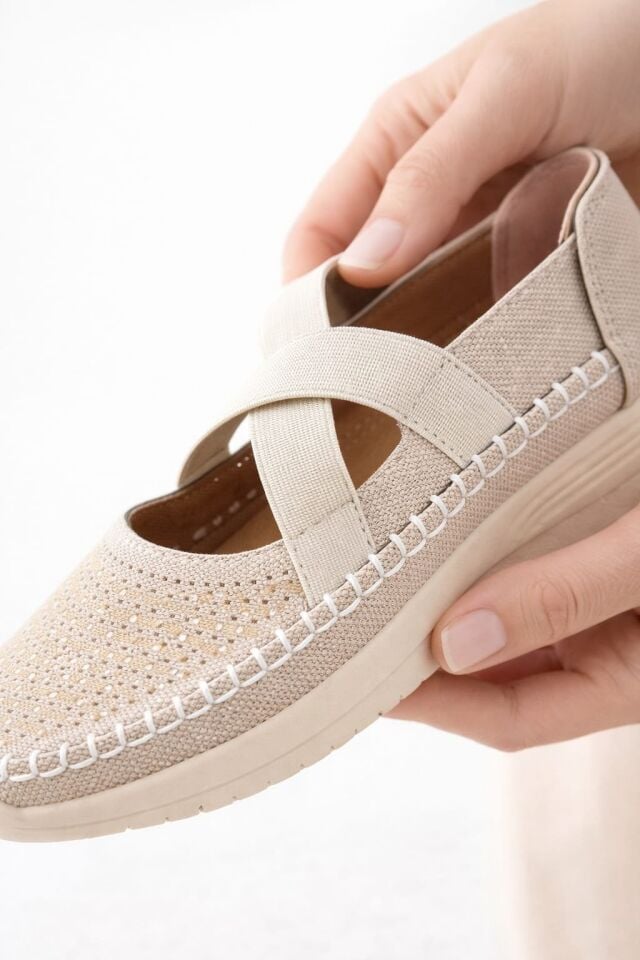 Kadın Ortopedik Rahat Yürüyüş Ayakkabısı Çapraz Lastik Bantlı