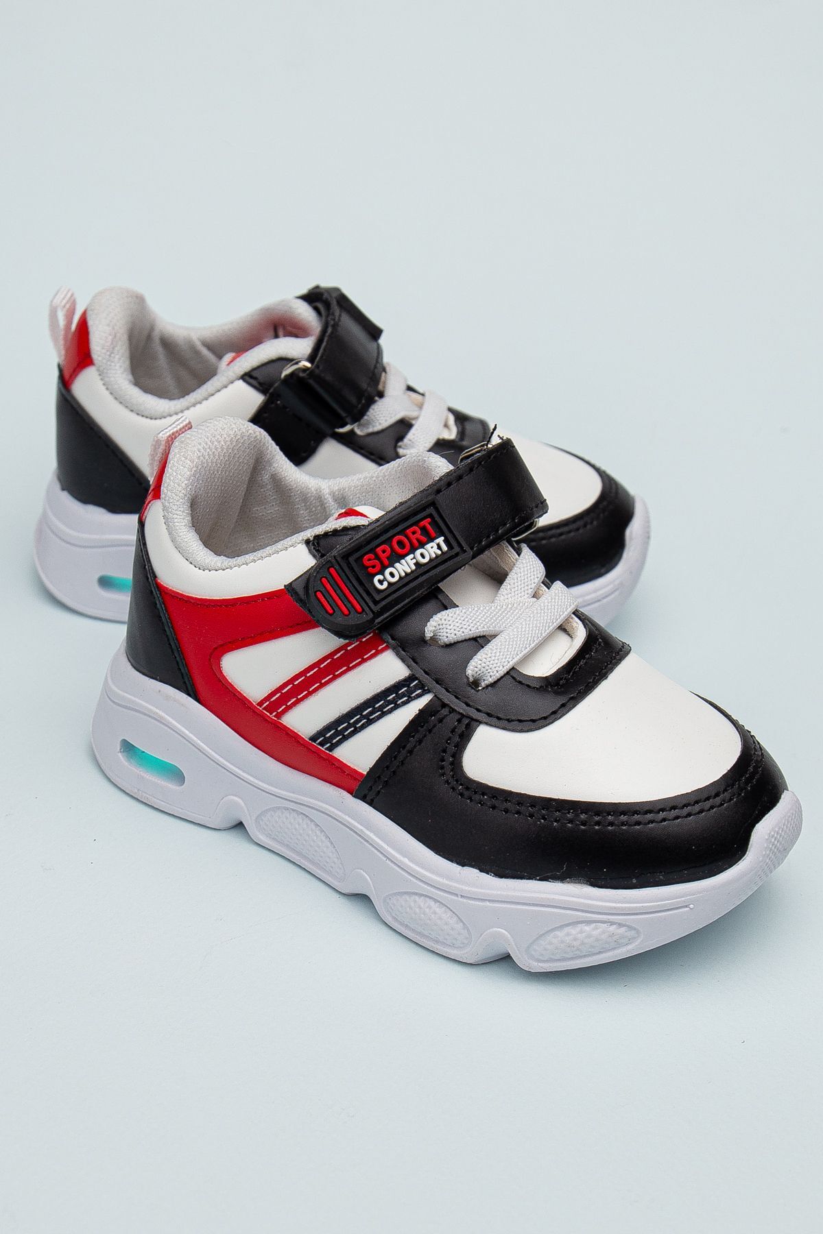 Rahat Hafif Yumuşak Unisex Cırt Cırtlı Işıklı Çocuk Sneaker BEYAZ-SİYAH - 23