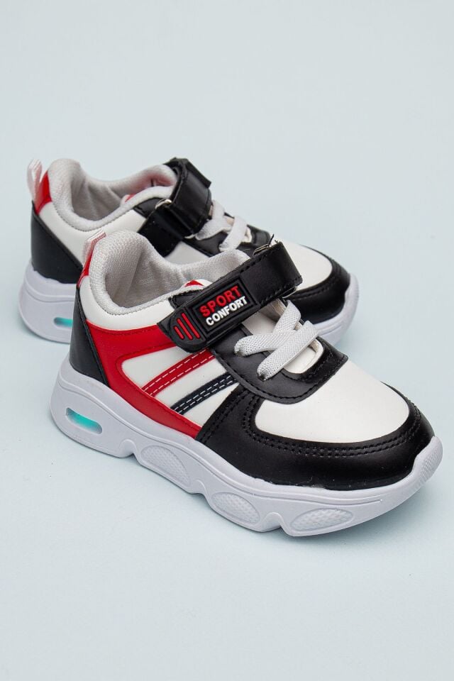 Rahat Hafif Yumuşak Unisex Cırt Cırtlı Işıklı Çocuk Sneaker BEYAZ-SİYAH - 23