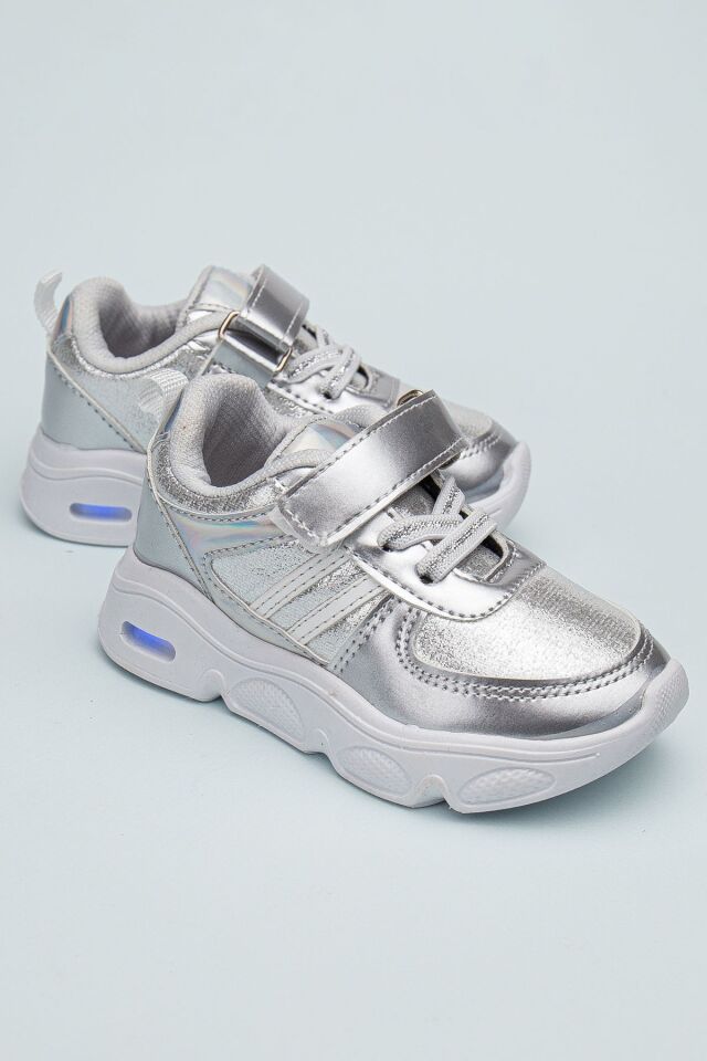 Rahat Hafif Yumuşak Unisex Cırt Cırtlı Işıklı Çocuk Sneaker GÜMÜŞ - 24