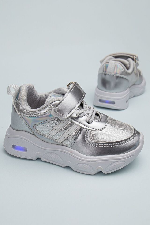 Rahat Hafif Yumuşak Unisex Cırt Cırtlı Işıklı Çocuk Sneaker GÜMÜŞ - 24