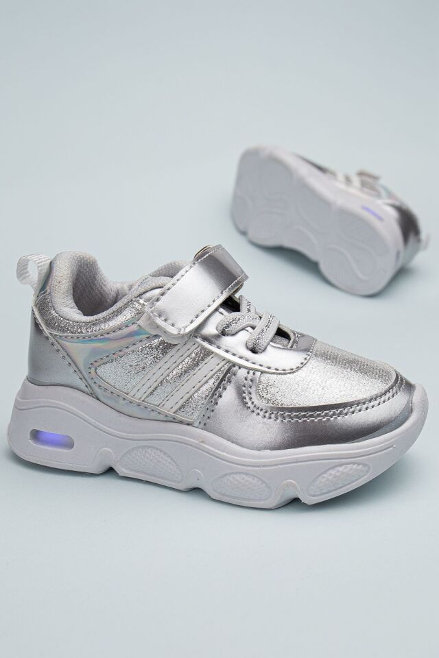 Rahat Hafif Yumuşak Unisex Cırt Cırtlı Işıklı Çocuk Sneaker GÜMÜŞ - 24