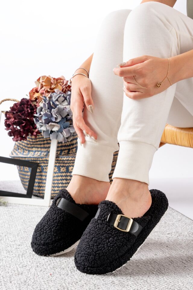 Kadın Ev Terliği Kemer Geçmeli Şık Giyim Hediyelik Çeyiz Bohça Misafir Terliği SİYAH - 38