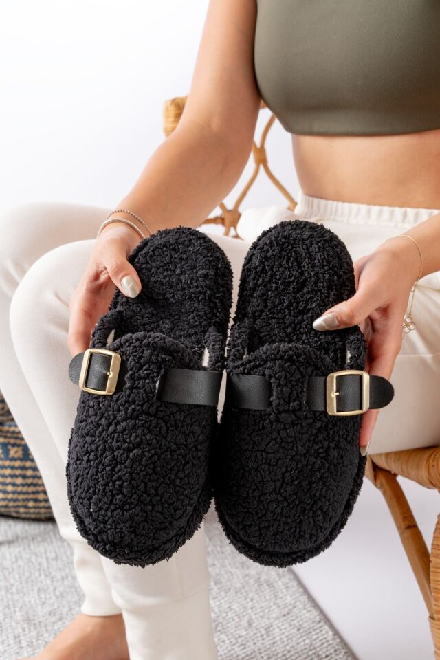 Kadın Ev Terliği Kemer Geçmeli Şık Giyim Hediyelik Çeyiz Bohça Misafir Terliği SİYAH - 40