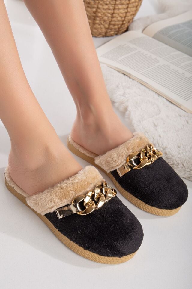 Kadın Tokalı Peluş Terlik Ev Terliği-Misafir Terliği-Bohça Terliği-Çeyiz Terliği SİYAH - 38