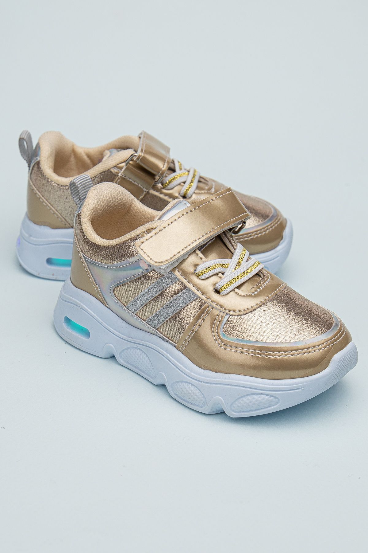 Rahat Hafif Yumuşak Unisex Cırt Cırtlı Işıklı Çocuk Sneaker ALTIN - 22