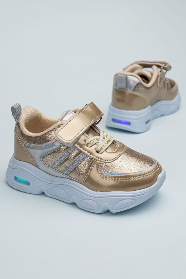 Rahat Hafif Yumuşak Unisex Cırt Cırtlı Işıklı Çocuk Sneaker ALTIN - 22