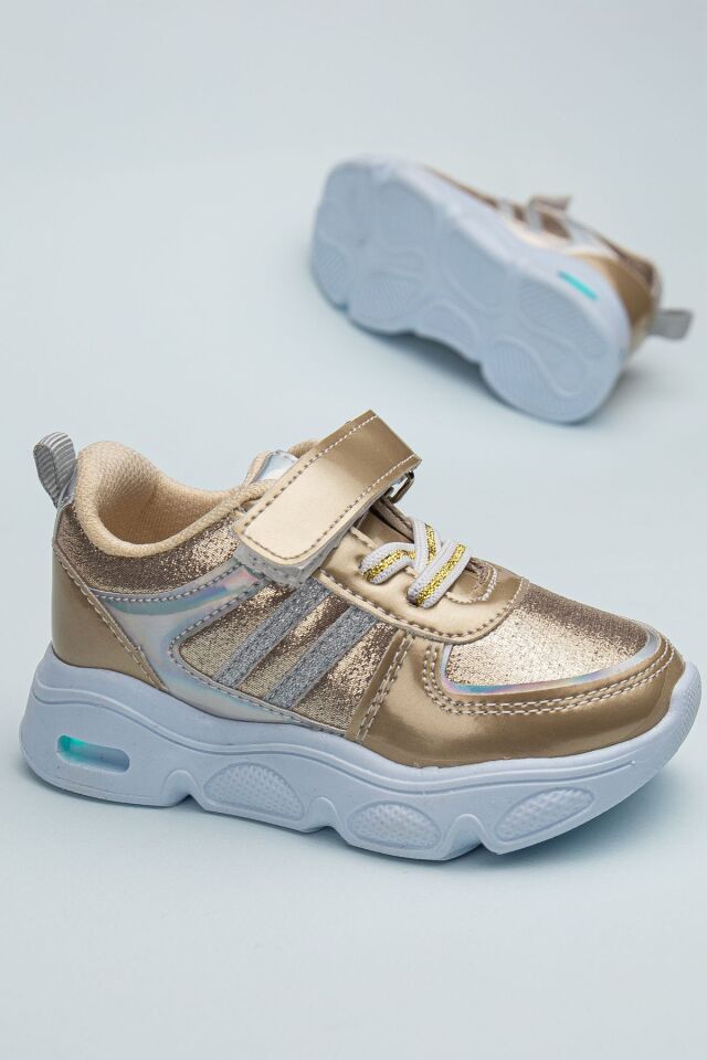 Rahat Hafif Yumuşak Unisex Cırt Cırtlı Işıklı Çocuk Sneaker ALTIN - 23