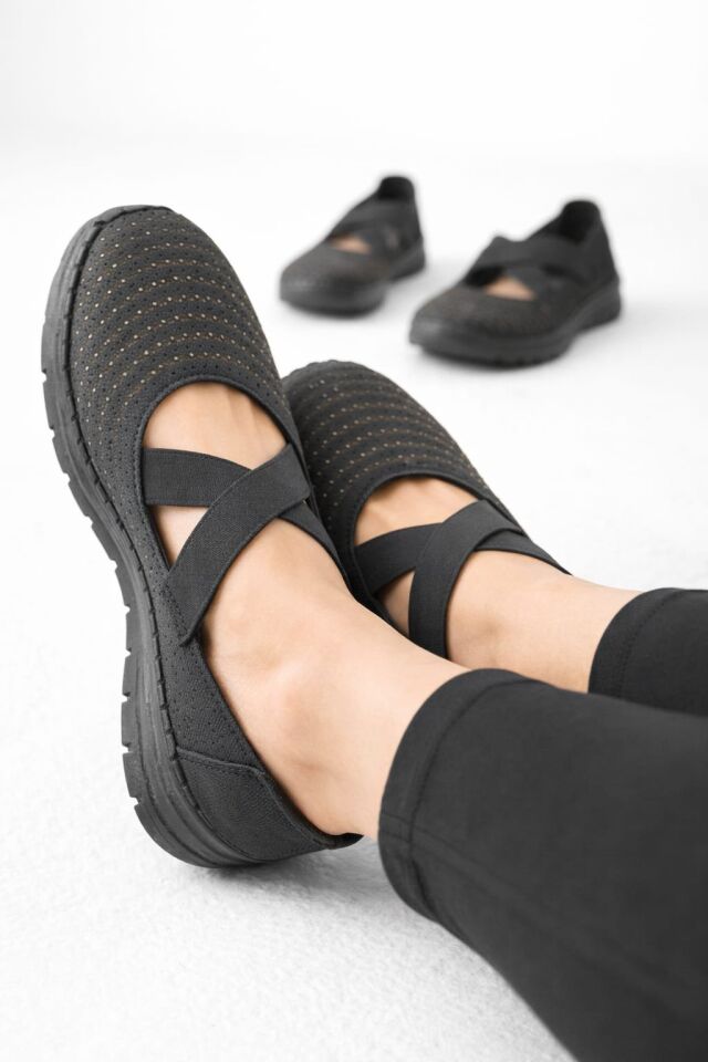 Kadın Ortopedik Rahat Yürüyüş Ayakkabısı Çapraz Lastik Bantlı SİYAH - 40