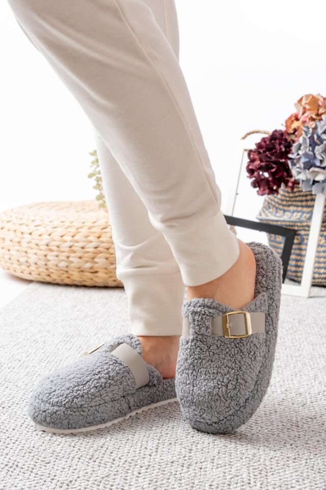 Kadın Ev Terliği Kemer Geçmeli Şık Giyim Hediyelik Çeyiz Bohça Misafir Terliği GRİ - 40