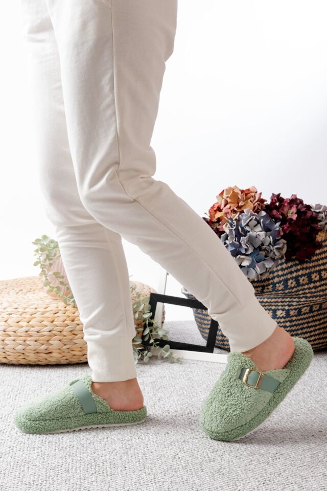 Kadın Ev Terliği Kemer Geçmeli Şık Giyim Hediyelik Çeyiz Bohça Misafir Terliği YEŞİL - 40