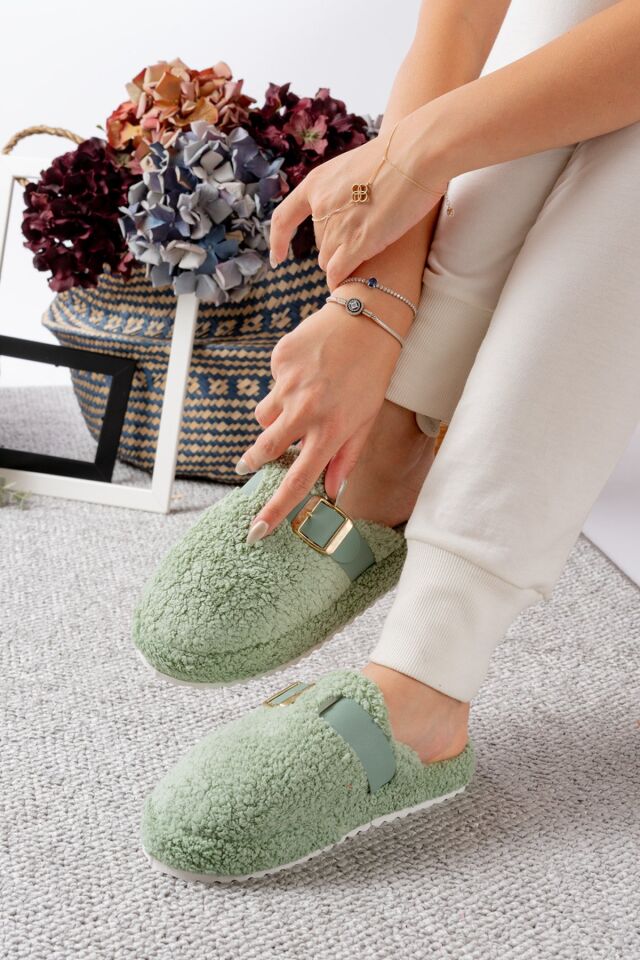 Kadın Ev Terliği Kemer Geçmeli Şık Giyim Hediyelik Çeyiz Bohça Misafir Terliği YEŞİL - 40