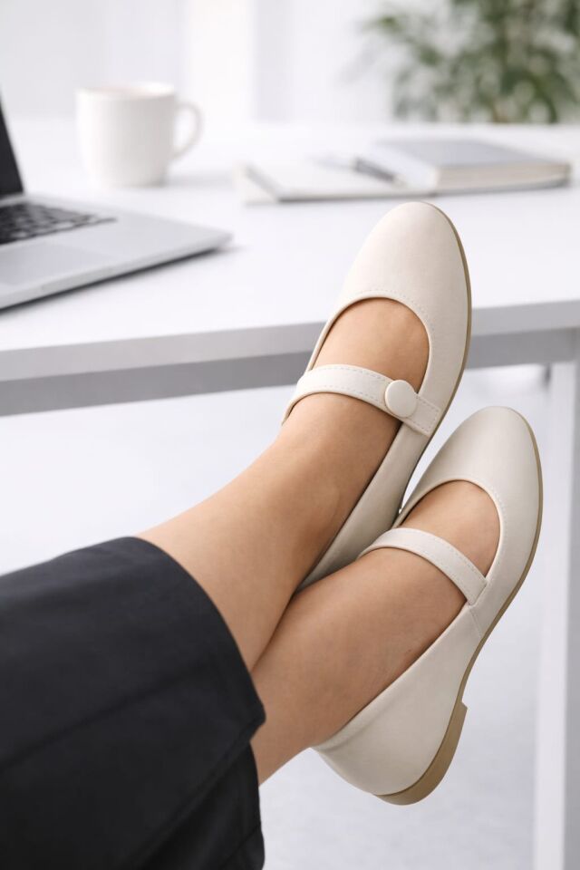 Ofis Şıklığı Sivri Burun Düğmeli Lastikli Babet KREM - 40