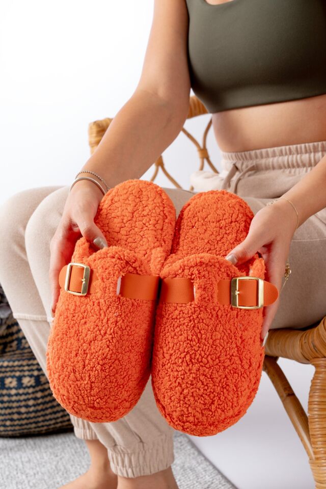 Kadın Ev Terliği Kemer Geçmeli Şık Giyim Hediyelik Çeyiz Bohça Misafir Terliği TURUNCU - 36