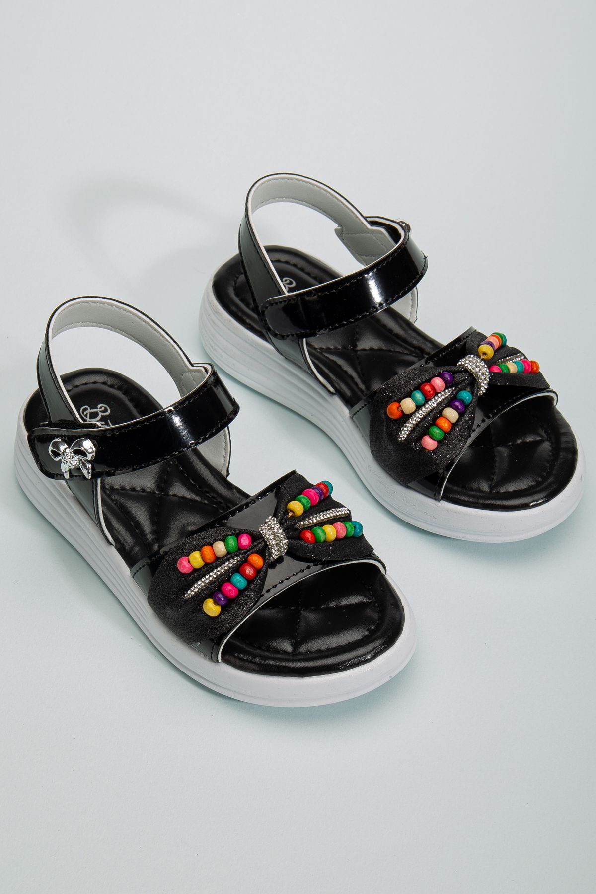 Çocuk Sandalet ,Bebek Sandalet , Düğün Ayakkabısı , Kaydırmaz Yazlık Şık Çocuk Ayakkabısı SİYAH BONCUKLU - 35