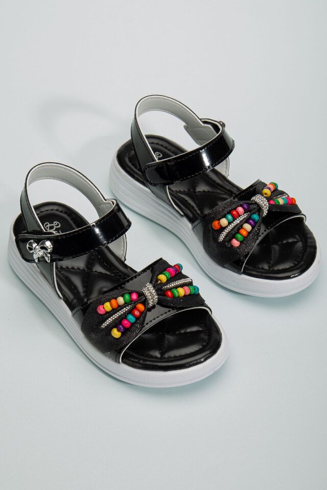 Çocuk Sandalet ,Bebek Sandalet , Düğün Ayakkabısı , Kaydırmaz Yazlık Şık Çocuk Ayakkabısı SİYAH BONCUKLU - 35