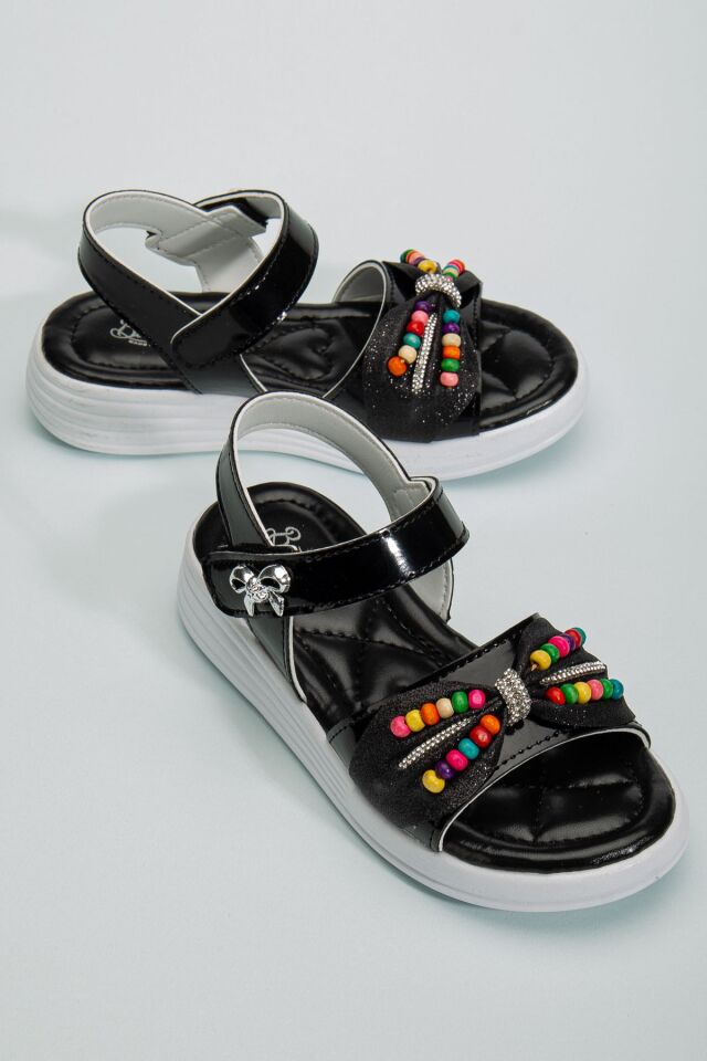 Çocuk Sandalet ,Bebek Sandalet , Düğün Ayakkabısı , Kaydırmaz Yazlık Şık Çocuk Ayakkabısı SİYAH BONCUKLU - 35