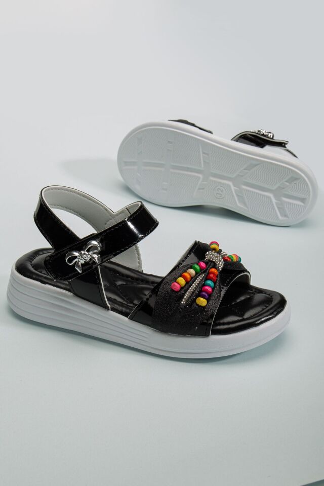 Çocuk Sandalet ,Bebek Sandalet , Düğün Ayakkabısı , Kaydırmaz Yazlık Şık Çocuk Ayakkabısı SİYAH BONCUKLU - 35