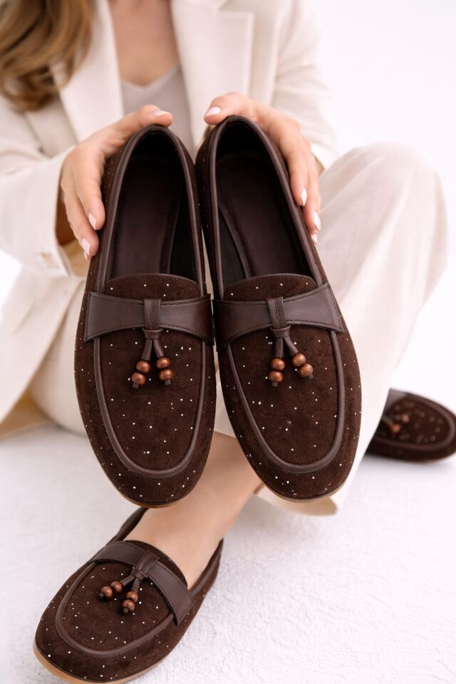 Kadın Taşlı Püsküllü Taş Detaylı Babet Günlük Ayakkabı