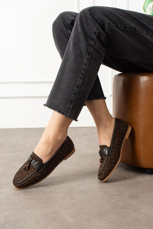 Kadın Taşlı Püsküllü Taş Detaylı Babet Günlük Ayakkabı