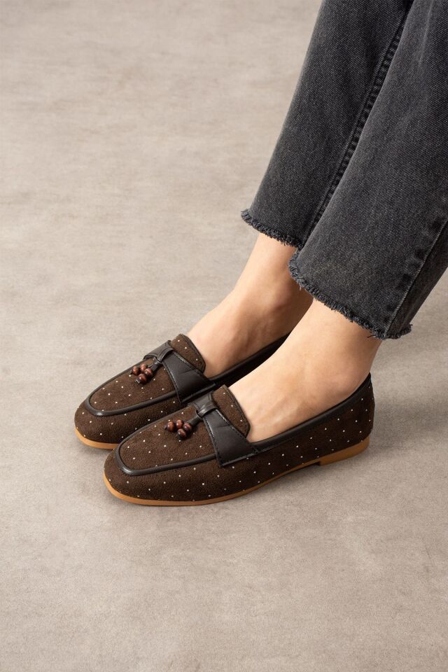 Kadın Taşlı Püsküllü Taş Detaylı Babet Günlük Ayakkabı