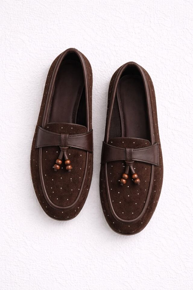 Kadın Taşlı Püsküllü Taş Detaylı Babet Günlük Ayakkabı PÜSKÜL KAHVERENGİ - 40