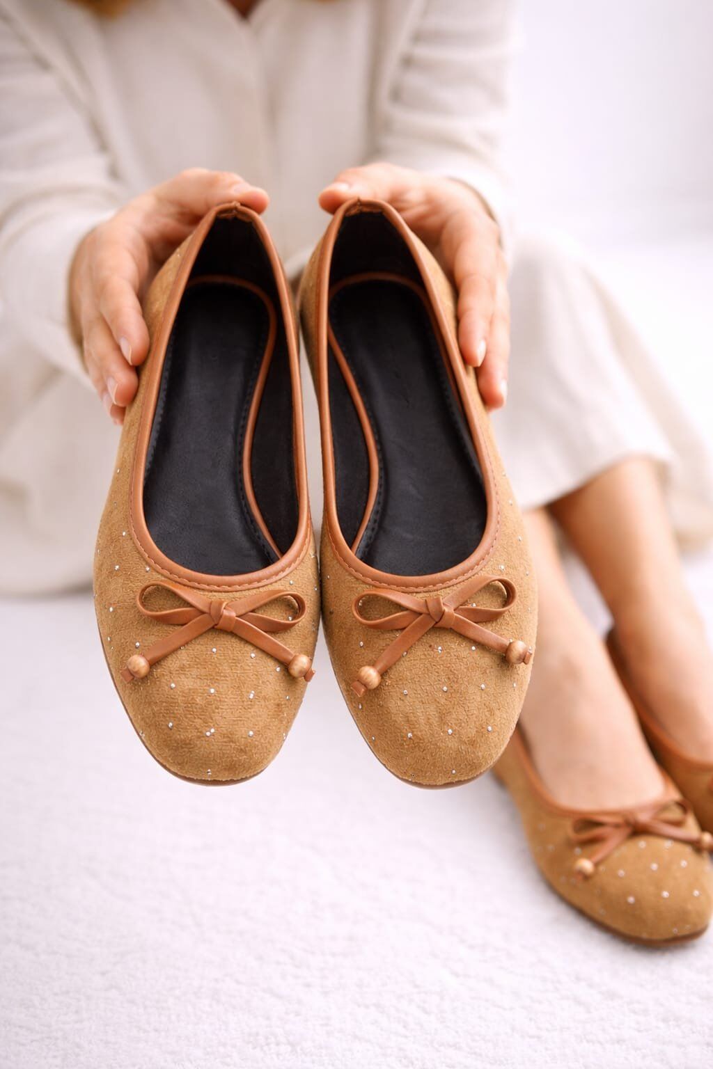 Kadın Taşlı Püsküllü Taş Detaylı Babet Günlük Ayakkabı FİYONKLU TABA - 40