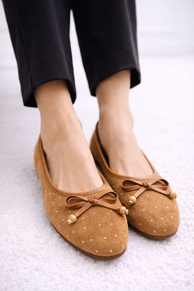 Kadın Taşlı Püsküllü Taş Detaylı Babet Günlük Ayakkabı FİYONKLU TABA - 40