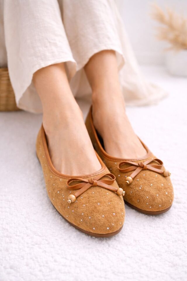 Kadın Taşlı Püsküllü Taş Detaylı Babet Günlük Ayakkabı FİYONKLU TABA - 40