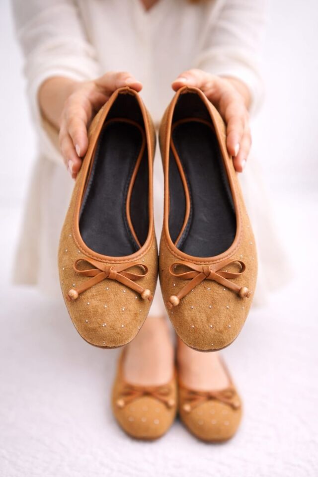 Kadın Taşlı Püsküllü Taş Detaylı Babet Günlük Ayakkabı FİYONKLU TABA - 40