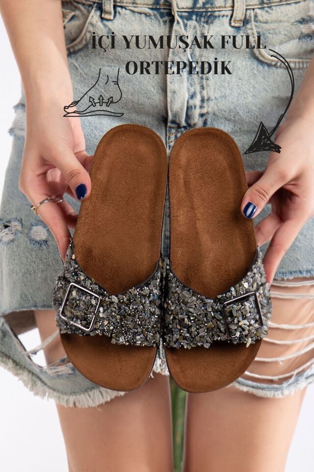 Pien Tek Tokalı  Şık Günlük Ful Ortapedik Terlik PLATİN - 36