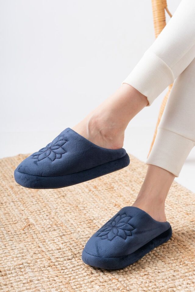 Unisex Nakışlı Gondol Kadife Ev Terliği LACİVERT - 37