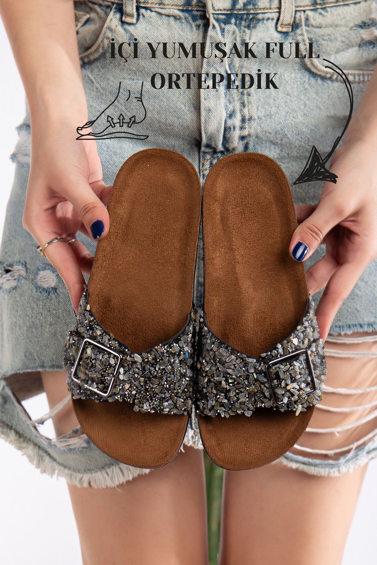 Pien Tek Tokalı  Şık Günlük Ful Ortapedik Terlik PLATİN - 39