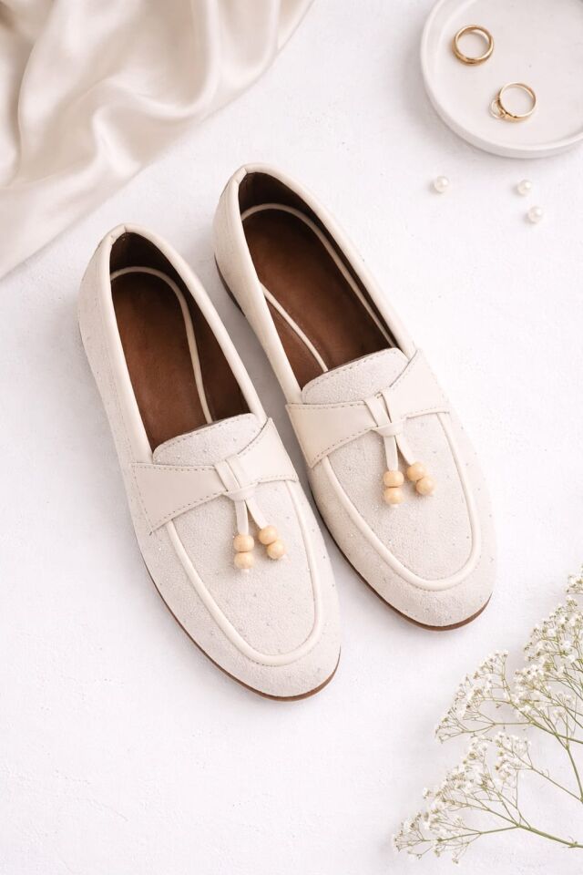 Kadın Taşlı Püsküllü Taş Detaylı Babet Günlük Ayakkabı PÜSKÜL KREM - 38