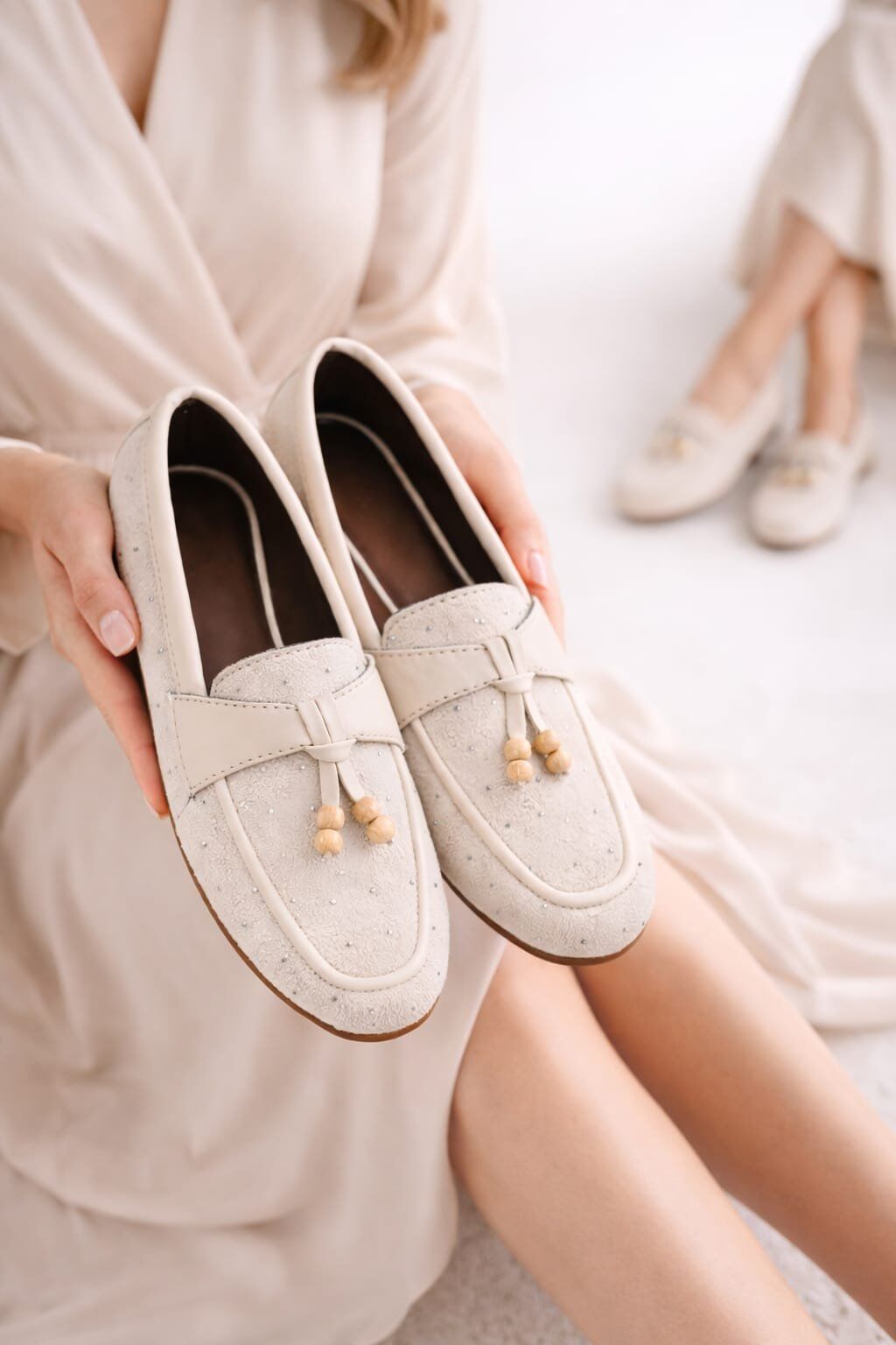 Kadın Taşlı Püsküllü Taş Detaylı Babet Günlük Ayakkabı PÜSKÜL KREM - 40