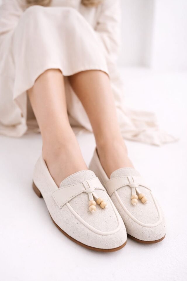 Kadın Taşlı Püsküllü Taş Detaylı Babet Günlük Ayakkabı PÜSKÜL KREM - 40