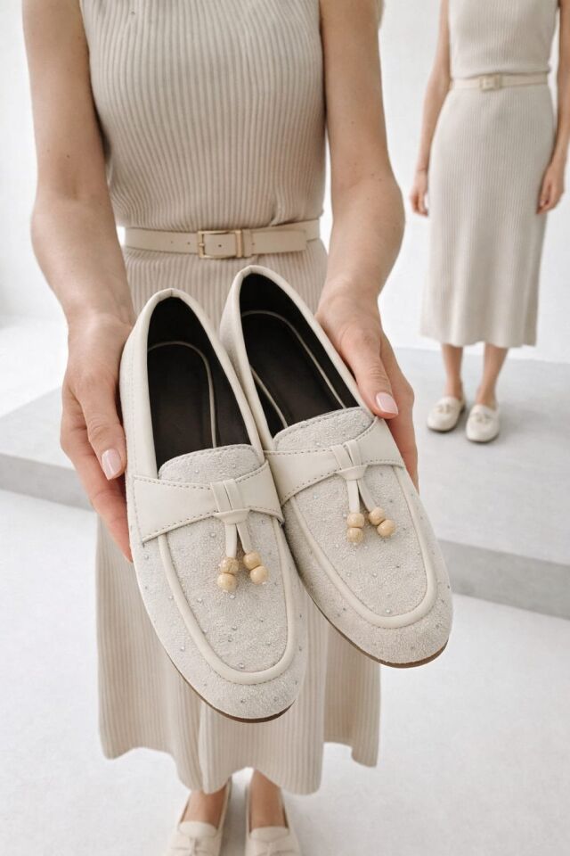 Kadın Taşlı Püsküllü Taş Detaylı Babet Günlük Ayakkabı PÜSKÜL KREM - 40