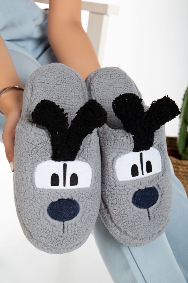 Kadın Köpek Figürlü Sessiz Taban Peluş Ev Terliği GRİ - 38-39