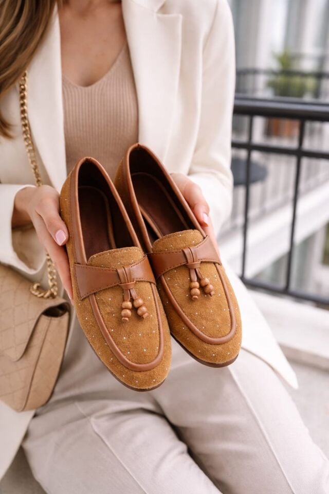 Kadın Taşlı Püsküllü Taş Detaylı Babet Günlük Ayakkabı PÜSKÜL TABA - 37