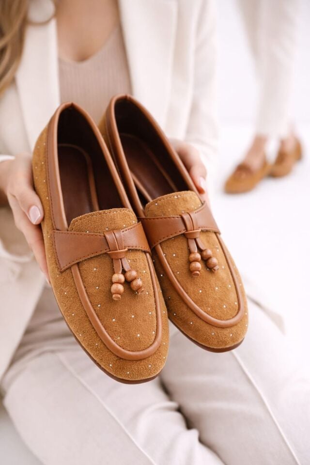 Kadın Taşlı Püsküllü Taş Detaylı Babet Günlük Ayakkabı PÜSKÜL TABA - 37