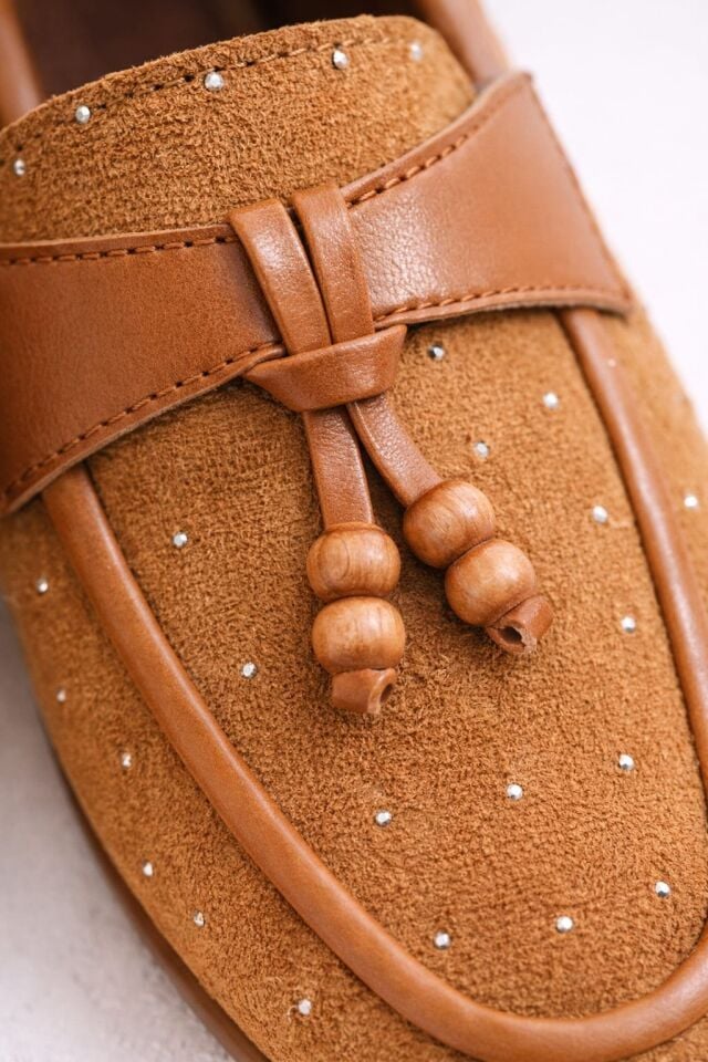 Kadın Taşlı Püsküllü Taş Detaylı Babet Günlük Ayakkabı PÜSKÜL TABA - 37