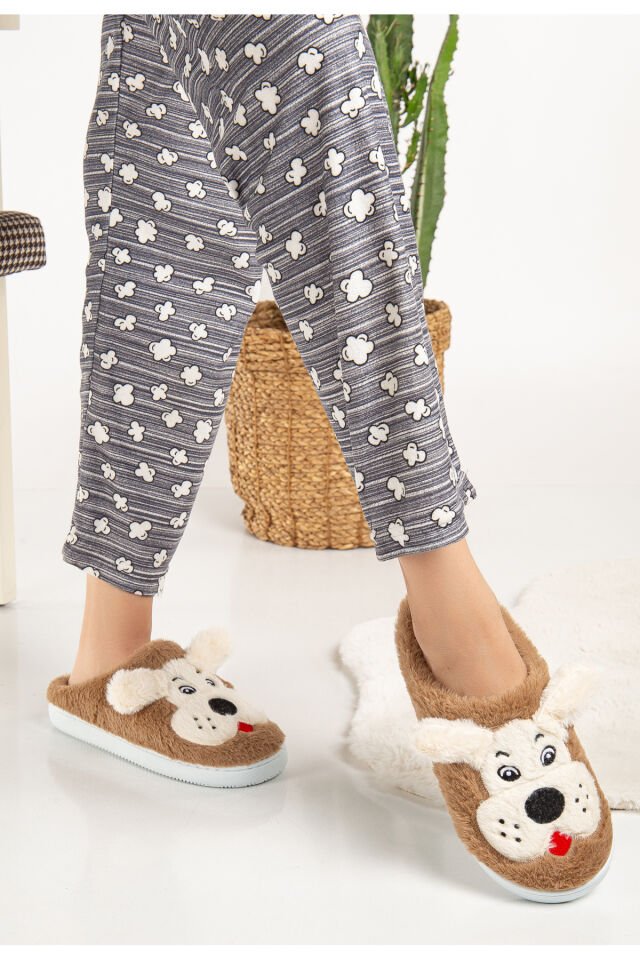 Köpekli Peluş Kaydırmaz Taban Ev Terliği