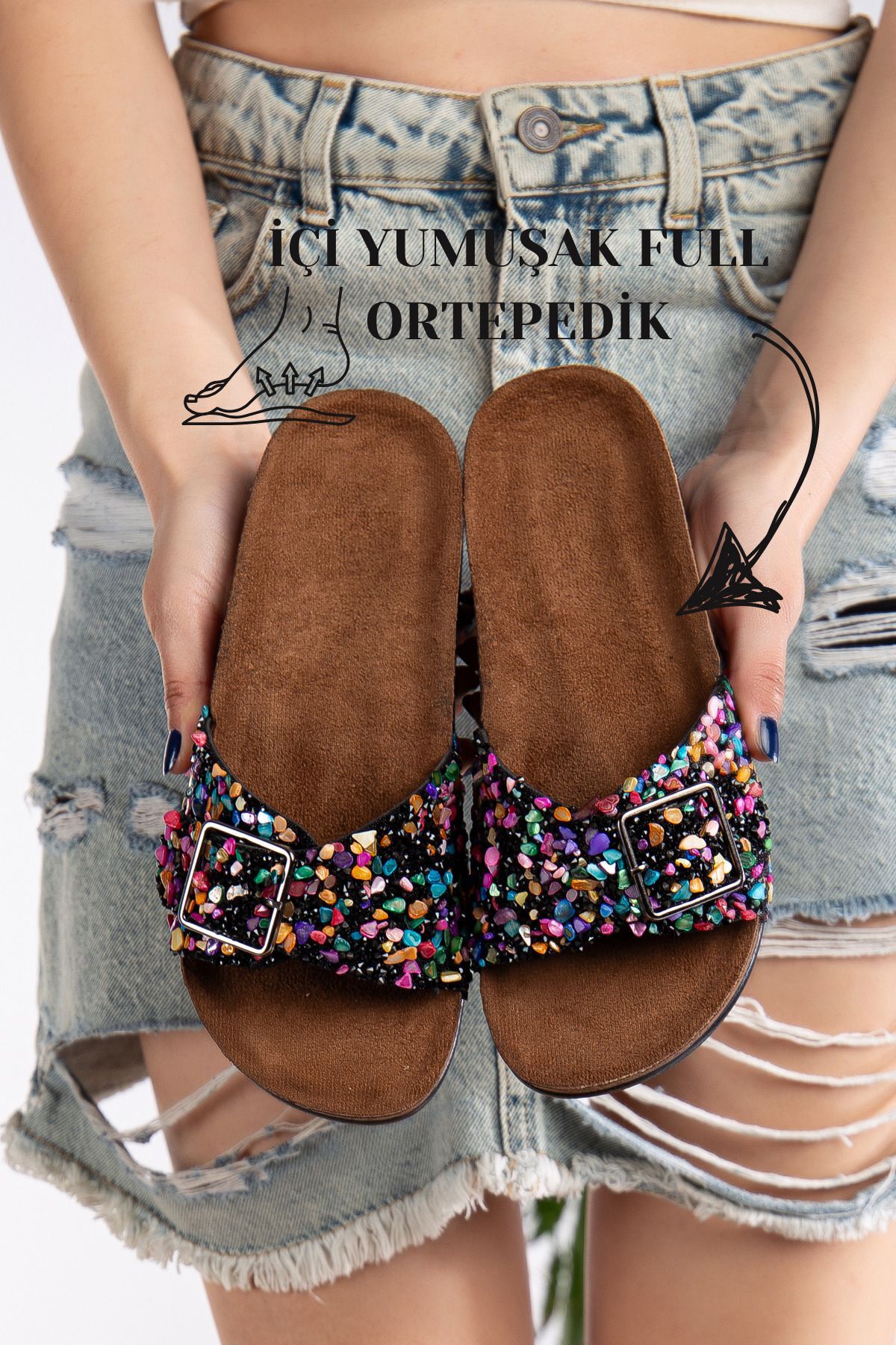 Pien Tek Tokalı  Şık Günlük Ful Ortapedik Terlik SİYAH RENKLİ - 38