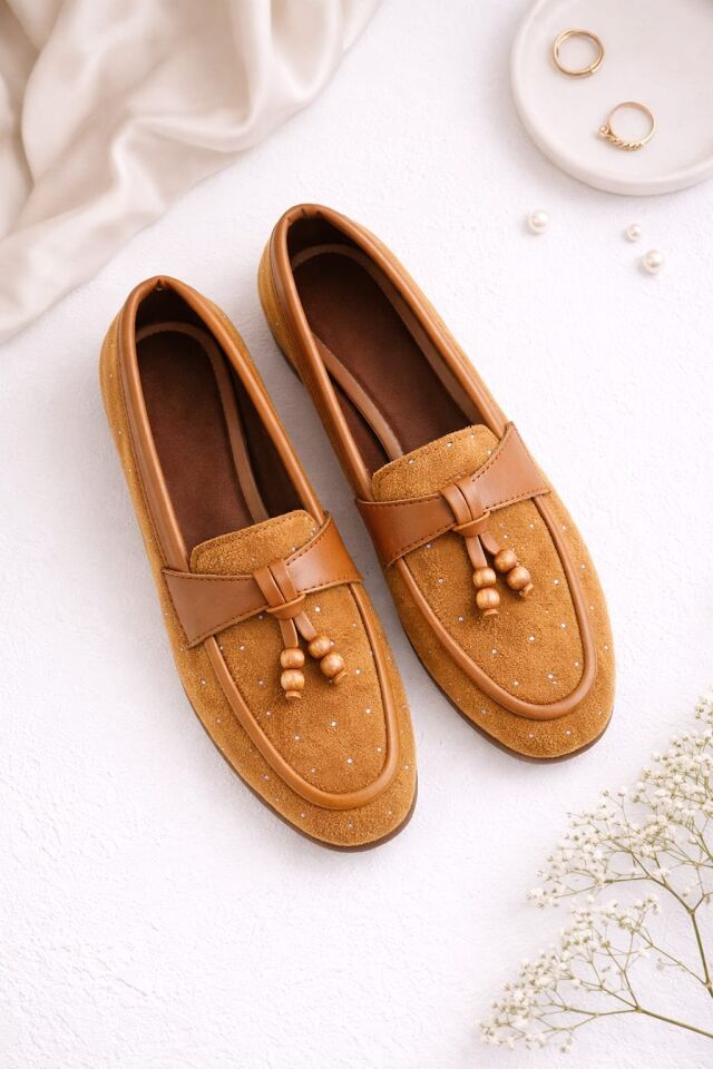 Kadın Taşlı Püsküllü Taş Detaylı Babet Günlük Ayakkabı PÜSKÜL TABA - 40