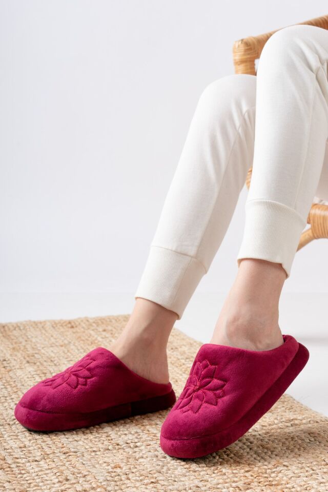 Unisex Nakışlı Gondol Kadife Ev Terliği BORDO - 38